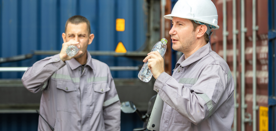 Dos trabajadores bebiendo agua ante el calor